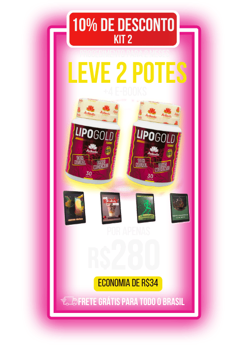 Kit 2 do Lipo Gold Turbo em promoção com 2 potes do suplemento natural e 4 e-books bônus. Preço promocional de R$280 com economia de R$34 e frete grátis para todo o Brasil.