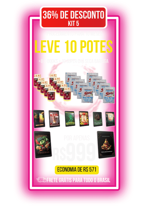 Kit 5 do Lipo Gold Turbo com 10 potes do suplemento natural, 8 e-books exclusivos e 10 super chás detox. Oferta promocional por R$ 999, economia de R$ 571 e frete grátis para todo o Brasil.