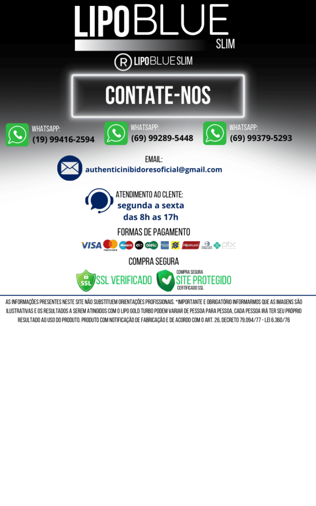 Informações de contato e suporte para o Lipo Blue Slim, incluindo WhatsApp, e-mail e horário de atendimento.