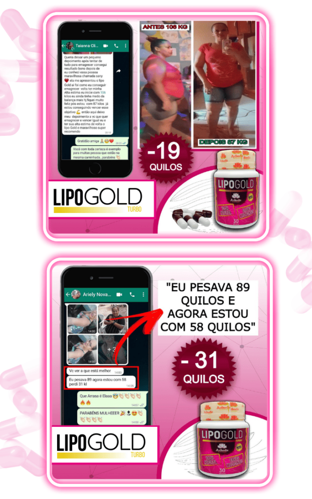 Relatos de clientes que usaram o Lipo Gold Turbo com sucesso. Primeiro relato: perda de 15 quilos, de 93 kg para 78 kg, conforme mensagem compartilhada em aplicativo de mensagens. Segundo relato: redução de 31 quilos, de 89 kg para 58 kg, evidenciada em fotos do antes e depois.