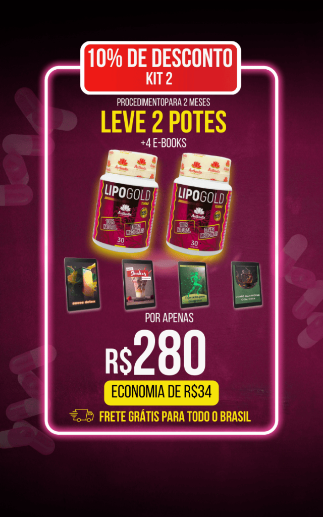 Kit 2 do Lipo Gold Turbo em promoção com 2 potes do suplemento natural e 4 e-books bônus. Preço promocional de R$280 com economia de R$34 e frete grátis para todo o Brasil.