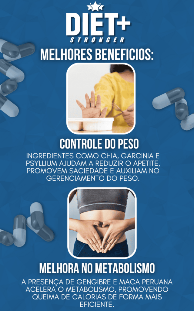 Melhores benefícios do Diet+ Stronger: controle do peso e melhora no metabolismo.