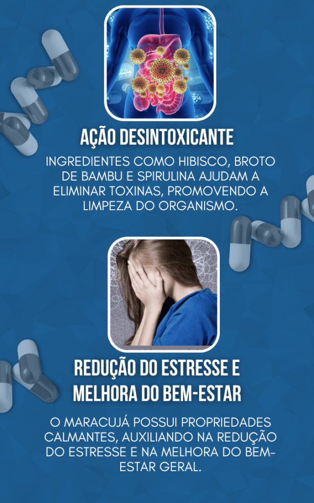 Benefícios do Diet+ Stronger: ação desintoxicante e redução do estresse.