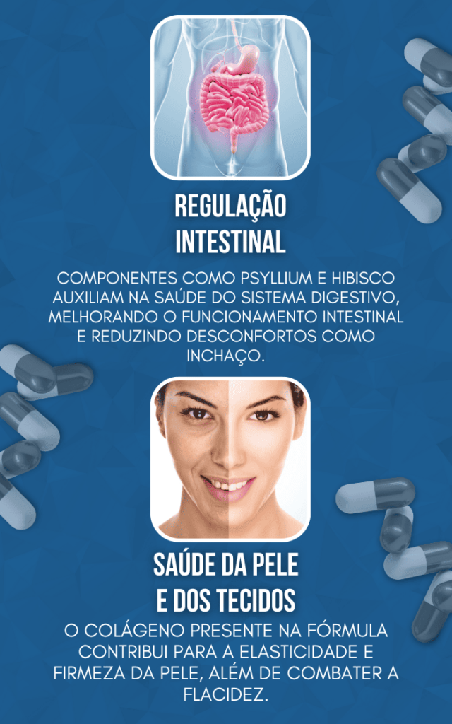 Benefícios do Diet+ Stronger: regulação intestinal e saúde da pele.