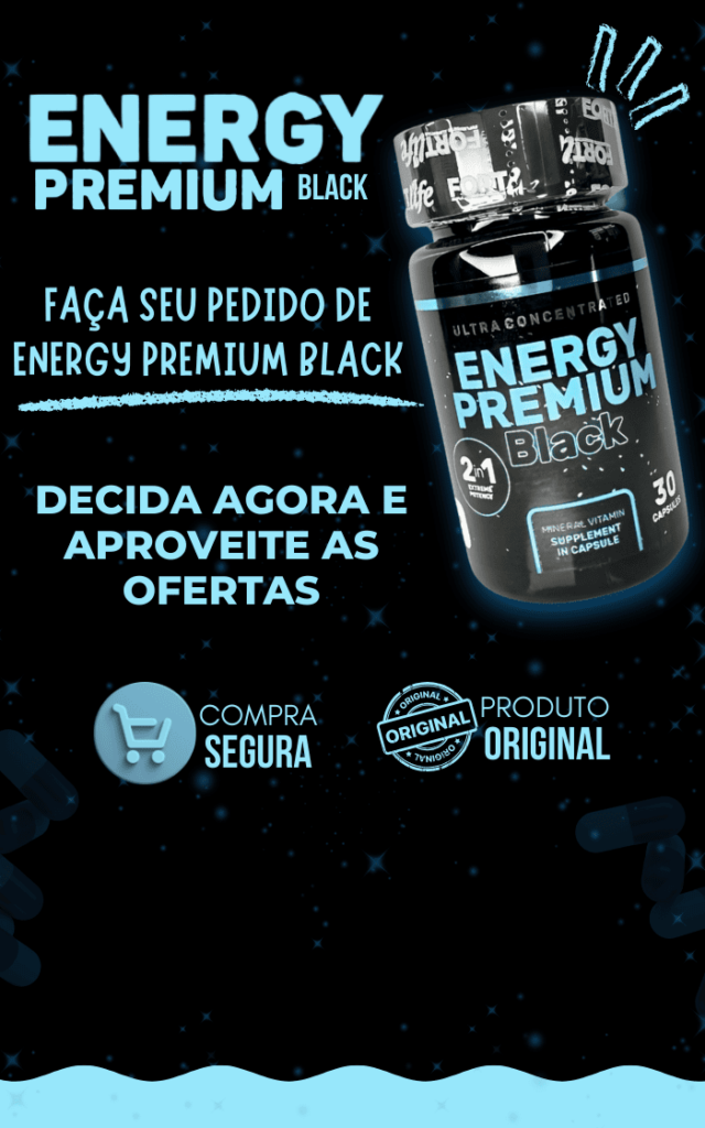 suplemento Energy Premium Black com pote destacado e informações de compra.