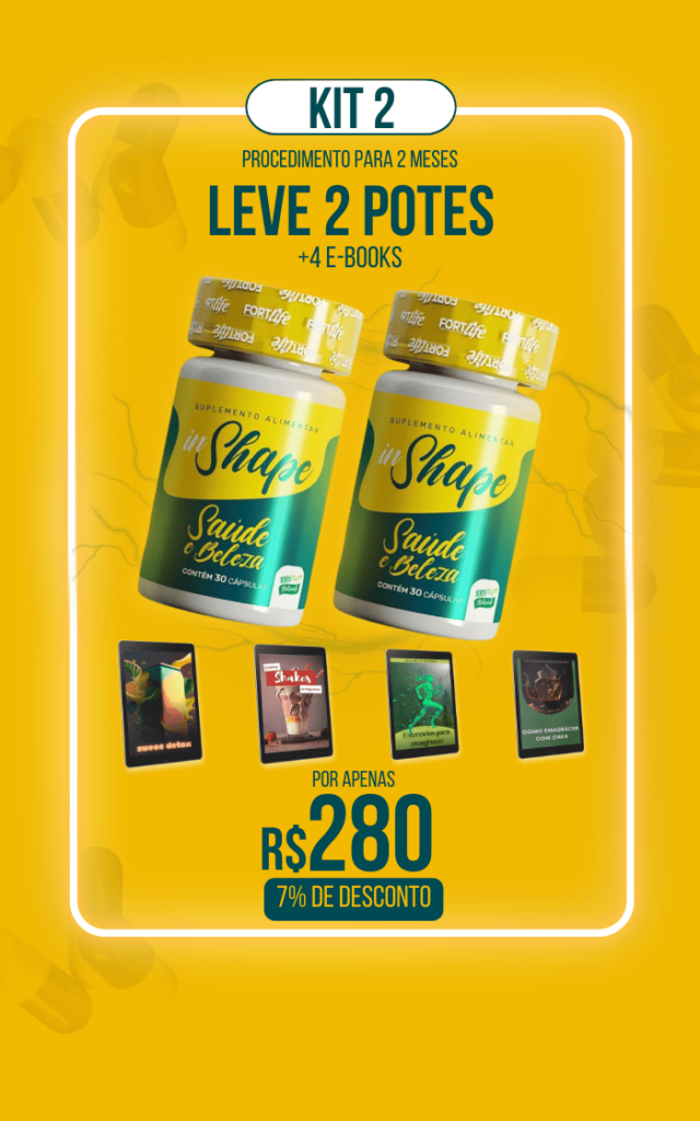 Kit 2 do suplemento InShape Saúde e Beleza. Oferta inclui 2 potes (30 cápsulas cada) + 4 e-books exclusivos , disponíveis por R$280 com 7% de desconto.