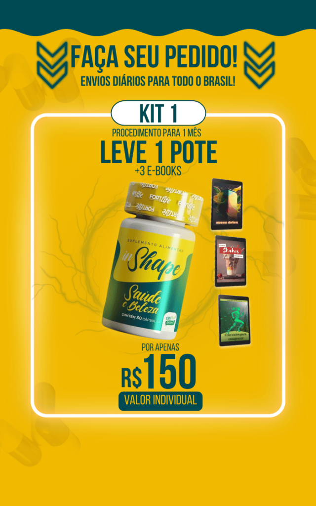 Kit 1 do suplemento InShape Saúde e Beleza. Inclui 1 pote com 30 cápsulas e 3 e-books exclusivos, disponíveis por R$150, com envios diários para todo o Brasil.