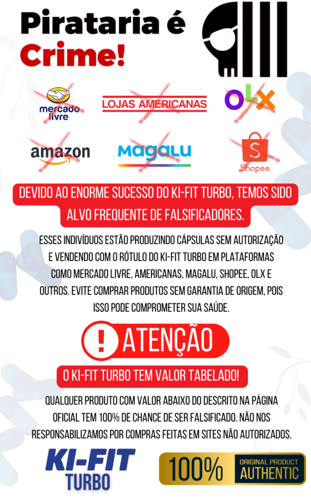 Banner informativo alertando sobre a pirataria do Ki-Fit Turbo e os riscos de comprar produtos falsificados.