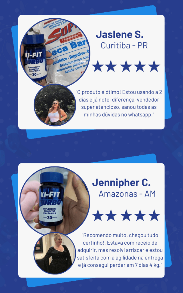 Depoimentos de clientes sobre o suplemento Ki-Fit Turbo com avaliações de 5 estrelas.