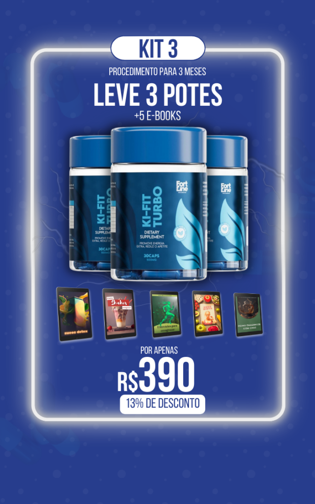 Kit 3 do suplemento Ki-Fit Turbo com 3 potes e 5 e-books por R$390 com 13% de desconto.