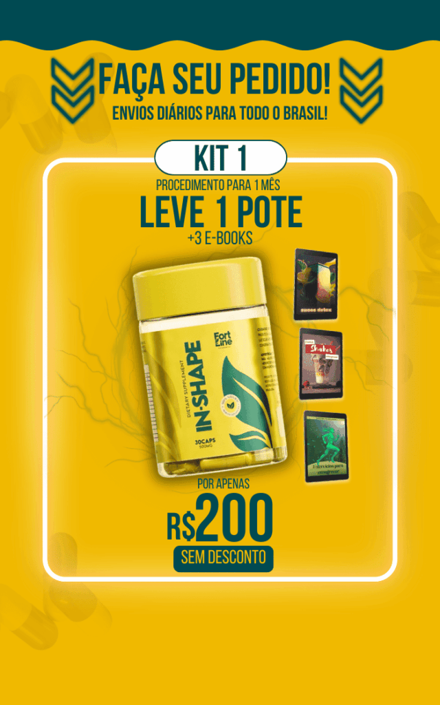 Kit 1 do suplemento In Shape Saúde e Beleza. Inclui 1 pote com 30 cápsulas e 3 e-books exclusivos, disponíveis por R$200, com envios diários para todo o Brasil.