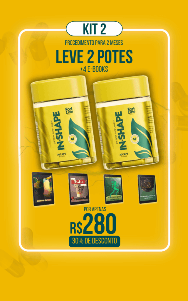 Kit 2 do suplemento InShape Saúde e Beleza. Oferta inclui 2 potes (30 cápsulas cada) + 4 e-books exclusivos , disponíveis por R$280 com 30% de desconto.