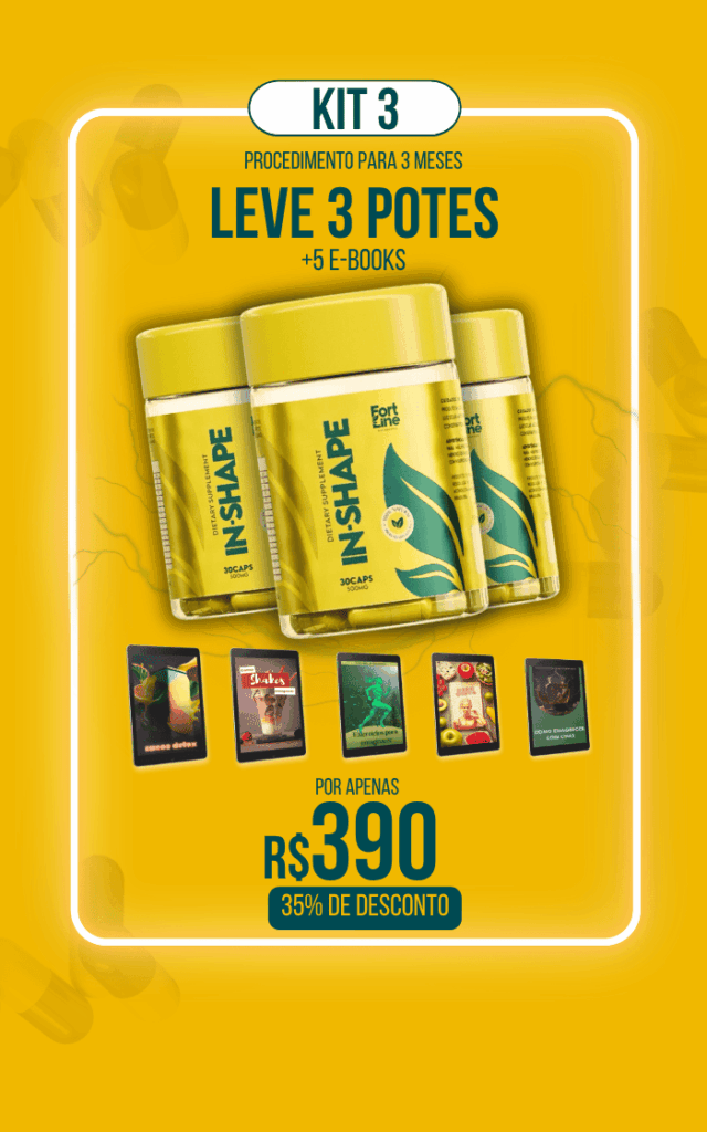 Kit 3 do suplemento InShape Saúde e Beleza. A oferta inclui 3 potes (30 cápsulas cada) + 5 e-books exclusivos , disponíveis por R$390 com 35% de desconto.