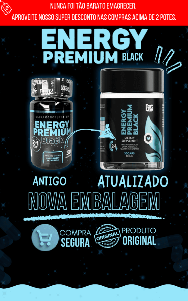 suplemento Energy Premium Black com pote destacado e informações de compra.